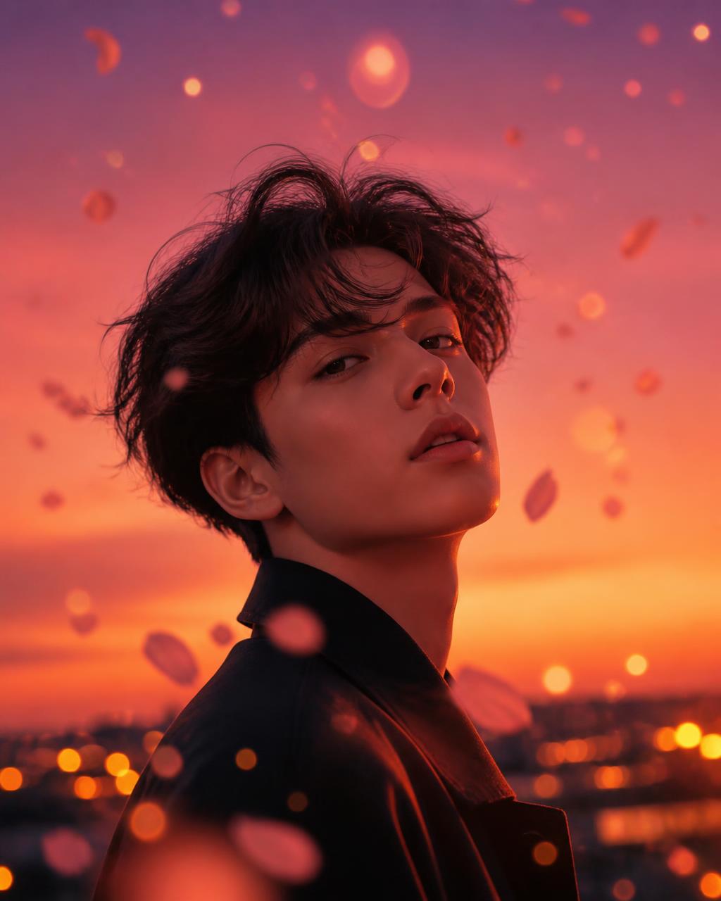 Selfie transformed into a sunset scene with floating petals